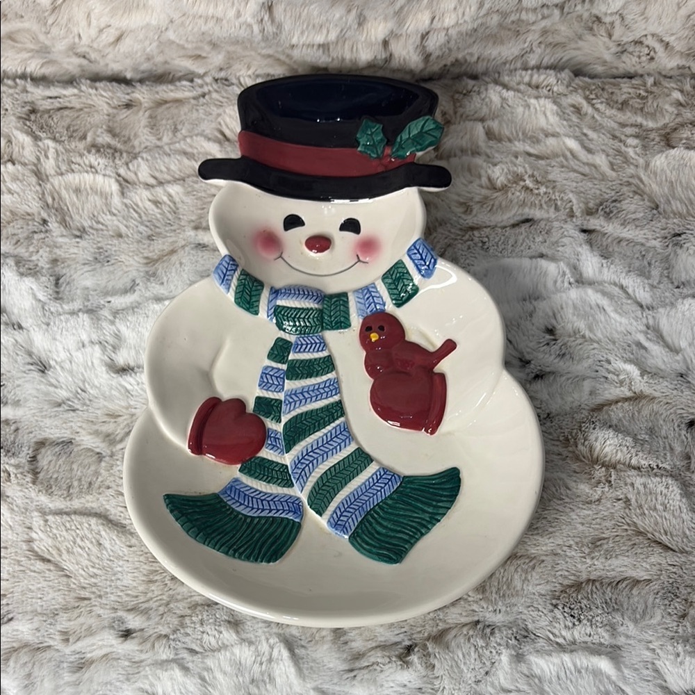 Hallmark Retired Snowman with Cardinal Ceramic Wall Hanging or Plate. 12”